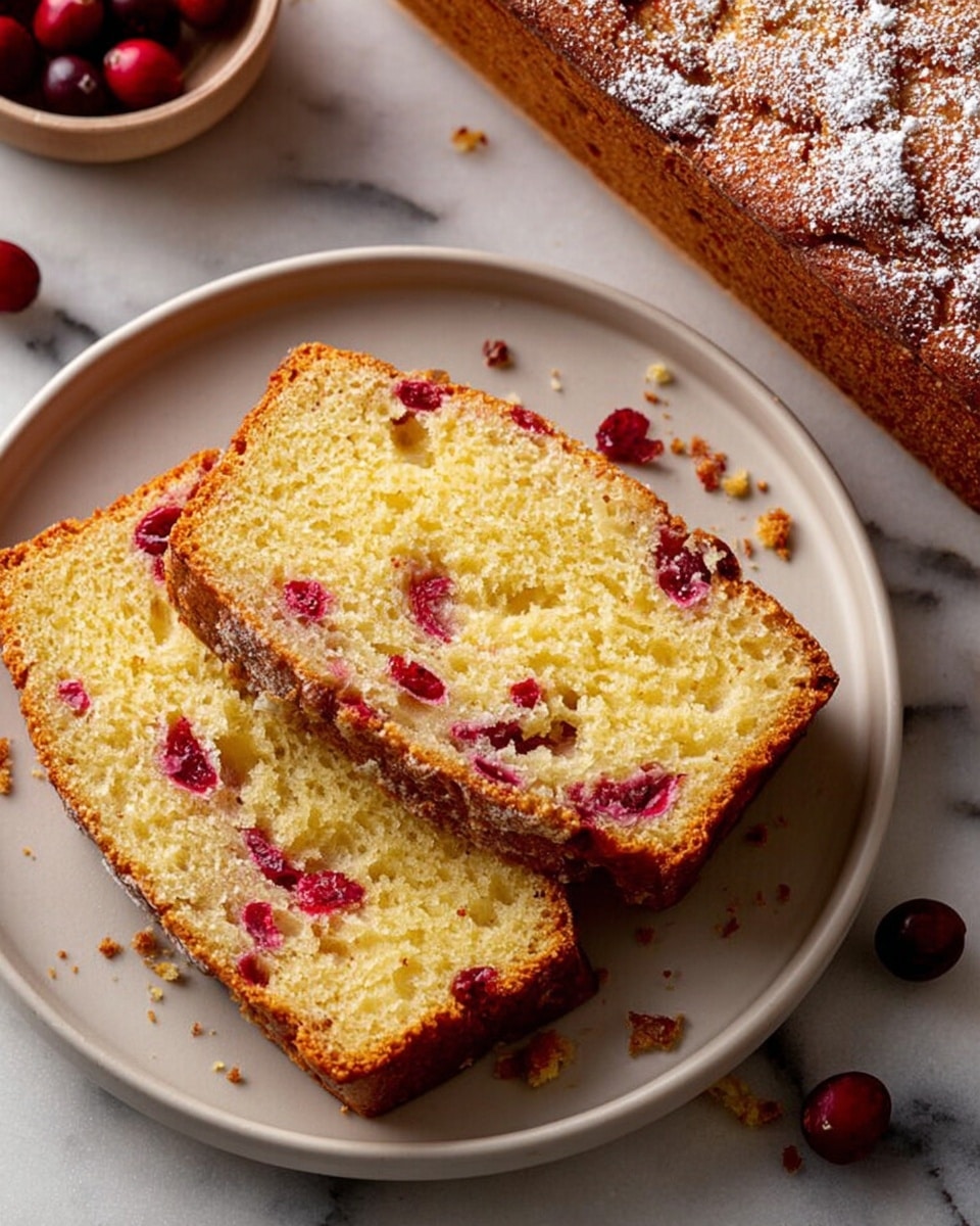 Two slices of light yellow cranberry bread with visible red cranberry pieces inside are placed on a white plate, showing a slightly rough and airy texture. The edges of the bread are golden brown and look crispy. Next to the plate, part of a loaf with a browned crust dusted with sugar is visible on a white marbled surface. There are a few whole cranberries and crumbs around the plate. Photo taken with an iphone --ar 4:5 --v 7