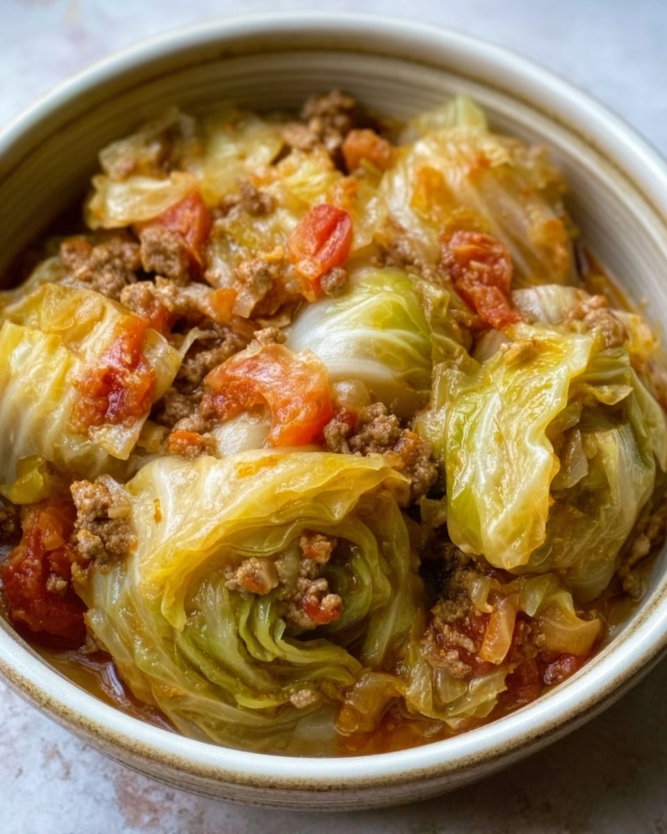 A white bowl filled with several layers of cooked cabbage leaves mixed with minced meat and small pieces of tomato. The cabbage leaves are soft, light green with some transparent parts, and the meat is brown and crumbly. The diced tomatoes add tiny bright red spots throughout the dish. The texture looks tender and moist, with juices pooling at the bottom. The bowl is sitting on a white marbled textured surface. Photo taken with an iphone --ar 4:5 --v 7