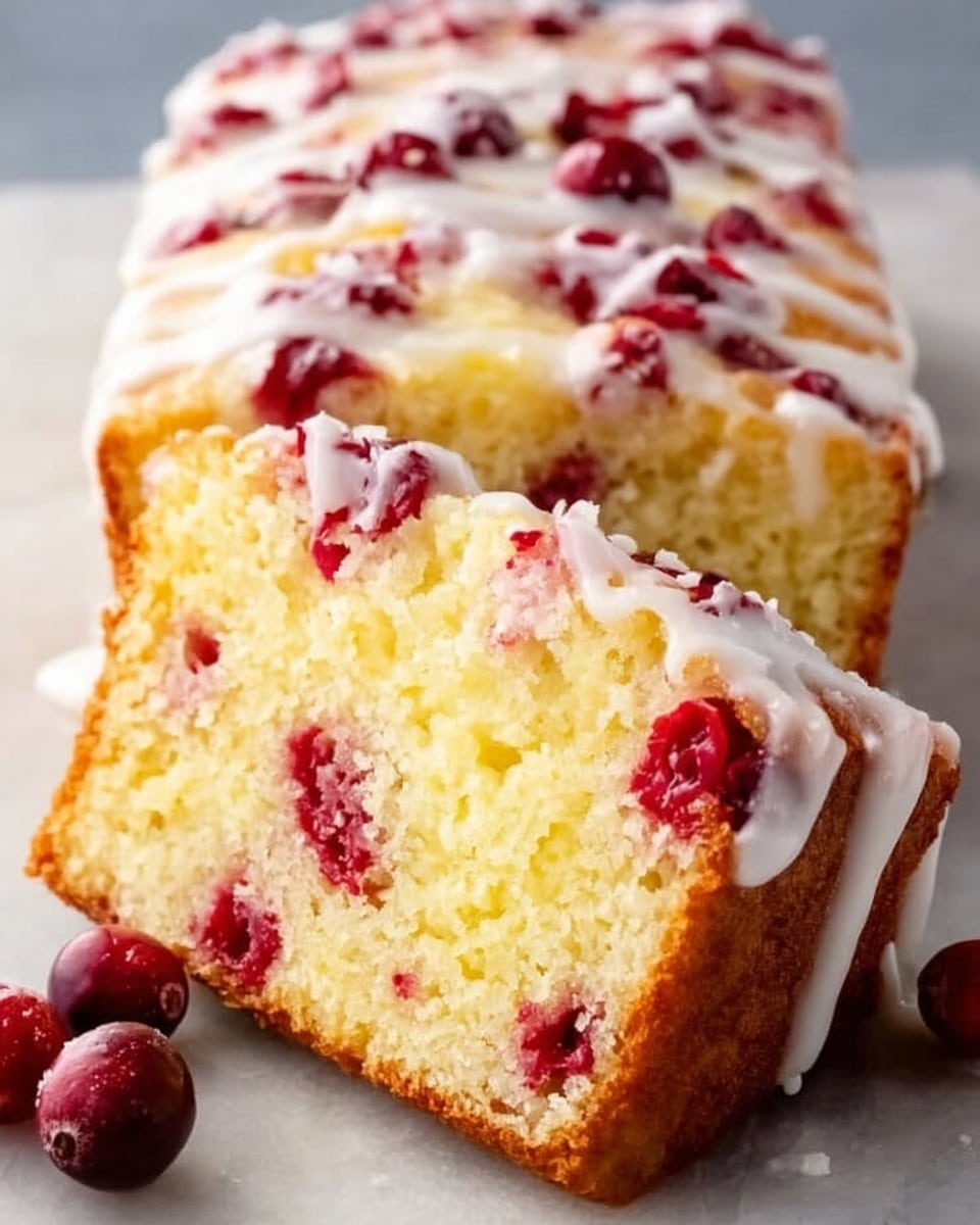A close-up image of a loaf of cranberry bread with white icing drizzled on top and running down the sides. The loaf is sliced partially, showing a soft, moist yellow crumb with visible red cranberries spread evenly throughout the bread. The icing is glossy and slightly translucent, adding a shiny texture contrast. The bread sits on a white marbled surface, with a few fresh cranberries placed near the loaf. photo taken with an iphone --ar 4:5 --v 7