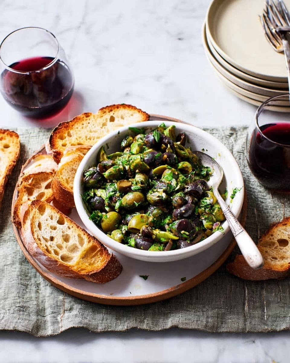 A white bowl filled with a green and black olive salad mixed with chopped herbs and small capers sits in the center on a white plate. Around the bowl, pieces of toasted bread with both light and dark brown colors lean against it. A silver spoon rests inside the bowl. The plate and bowl are placed on gray and beige cloths, which are laid over a white marbled surface. Two glasses of dark red wine, one near the top left and one at the bottom right, flank the setting. In the background, a stack of white plates with two forks on top is slightly visible. photo taken with an iphone --ar 4:5 --v 7