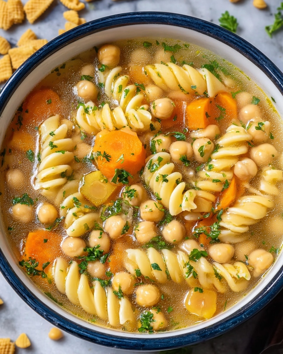 A deep white bowl filled with a colorful soup featuring three main layers: the bottom layer is a clear golden broth with a slightly oily surface, the middle layer has bright orange carrot slices and pale green celery pieces mixed evenly, and the top layer contains large spiral pasta and round beige chickpeas scattered throughout, all garnished with fresh green parsley leaves. The bowl sits on a white marbled surface with some dry chickpeas and fusilli pasta pieces around it, accompanied by a soft gray and white checkered cloth and slices of toasted bread in the back. Photo taken with an iphone --ar 4:5 --v 7