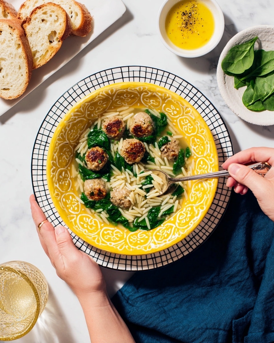 A yellow bowl holds the dish, sitting on a white plate with a blue grid pattern, all placed on a white marbled surface. Inside the bowl is a light broth filled with white orzo pasta, green spinach leaves, and small browned meatballs scattered around evenly. A woman's hand holds the bowl, while another woman's hand uses a silver spoon to scoop up some orzo and spinach. Around the bowl, there are slices of toasted bread and a white bowl with a yellow soup topped with black pepper. Photo taken with an iphone --ar 4:5 --v 7