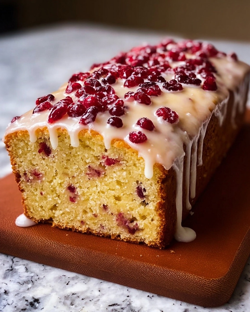 A rectangular loaf cake with a golden brown crust and moist, pale yellow interior is studded with red cranberries throughout. The top layer is thickly covered with a smooth, creamy white glaze that drips down the sides. More bright red cranberries are scattered on the glaze, creating a contrast with the light cream color. The cake sits on a cooling rack above a wooden board on a white marbled surface. Photo taken with an iphone --ar 4:5 --v 7
