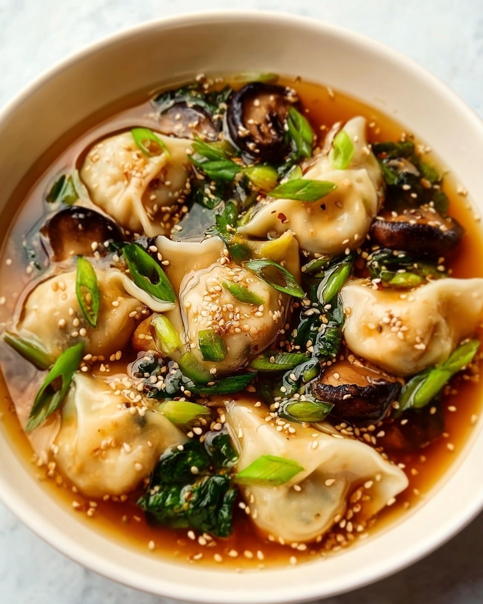 The image shows a white bowl filled with six dumplings covered in clear broth. The dumplings have light beige, soft dough with pinched edges, floating in a broth with dark brown mushrooms, small green spinach leaves, and sprinkled white sesame seeds on top. The bowl sits on a green cloth with a white marbled surface beneath it. Photo taken with an iphone --ar 4:5 --v 7