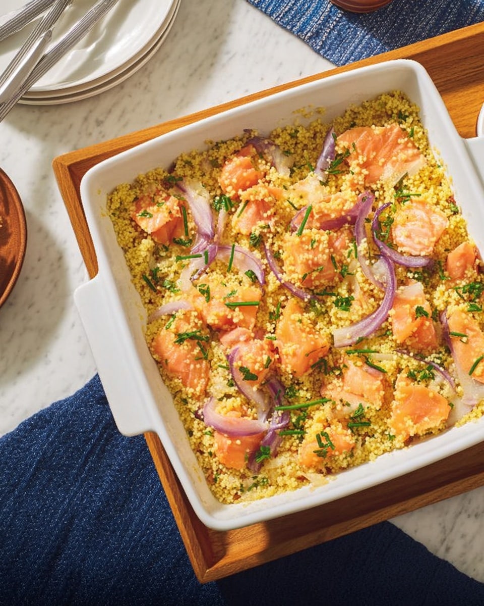 A white square baking dish filled with a layered casserole placed on a wooden board over a white marbled surface. The casserole has a bottom layer of finely chopped green veggies, topped with a golden couscous layer that covers most of the surface. On top, there are scattered orange and white cubes of cooked salmon, thin slices of purple onions, and small green onion pieces, adding bright color contrast. A white woman's hand holding a wooden chopstick is visible on the left side near the dish. To the right, part of a white plate with a fork and spoon is on a crumpled dark blue cloth, all set against the clean, white marbled background. Photo taken with an iphone --ar 4:5 --v 7