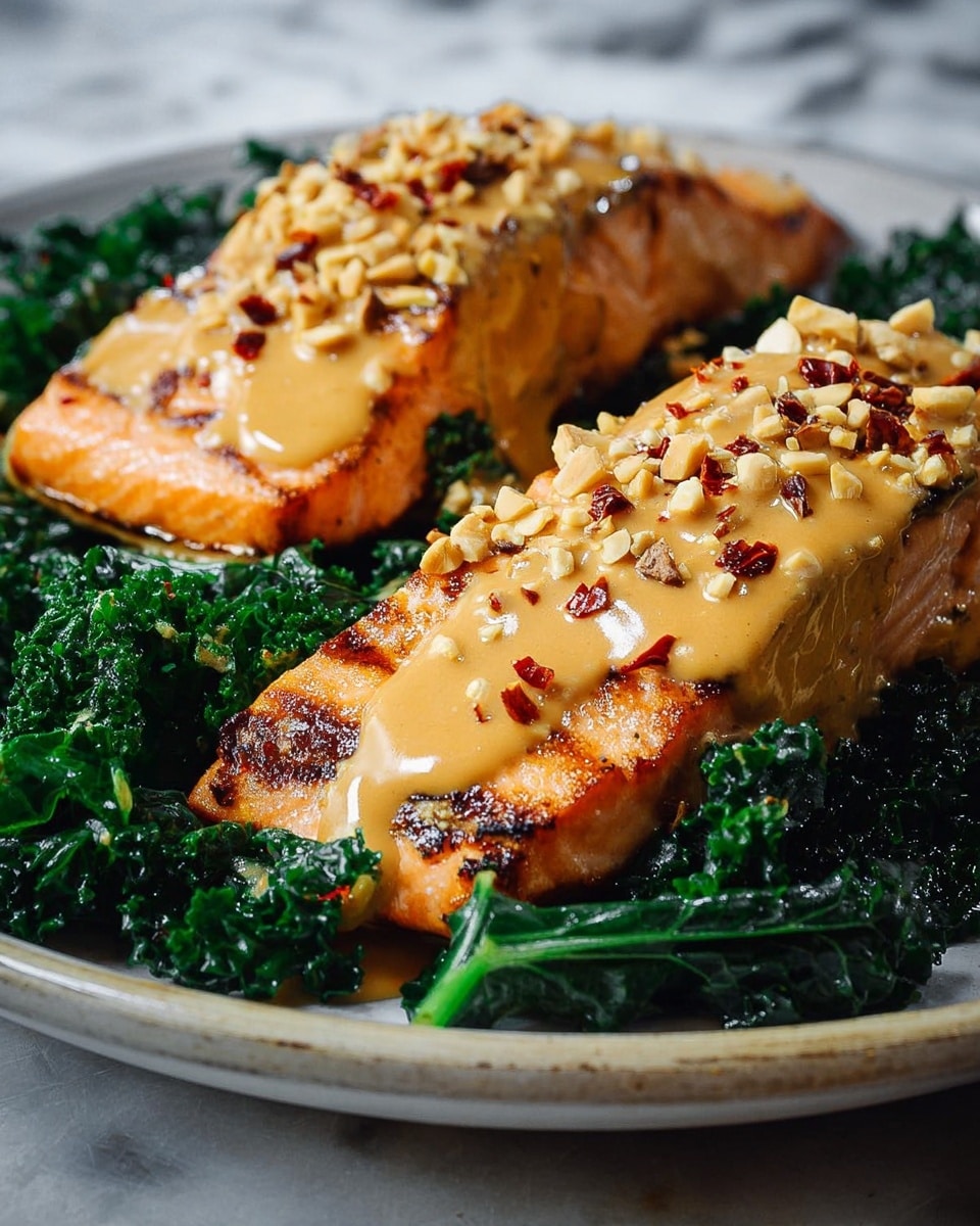 Two grilled salmon fillets with a light brown creamy sauce on top, sprinkled with crushed nuts and red chili flakes. The salmon is orange with grill marks, sitting on a bed of dark green kale leaves. The dish is served on a white plate with a slightly textured edge, placed on a white marbled surface. photo taken with an iphone --ar 4:5 --v 7