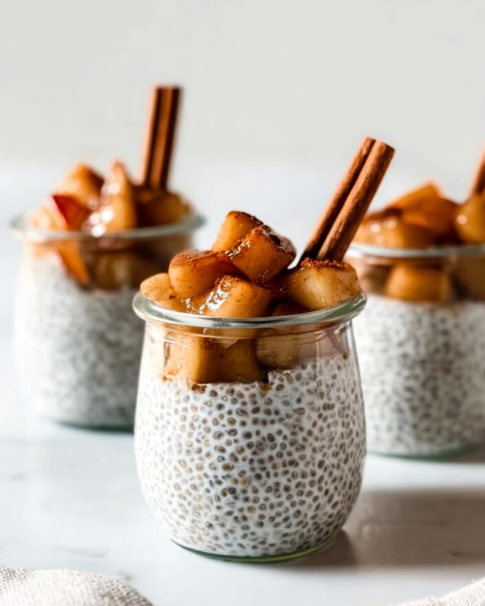 The image shows three small glass jars filled with a chia pudding dessert. Each jar has two clear layers; the bottom layer is white with black chia seeds scattered throughout, giving it a speckled texture. The top layer consists of small pieces of softened, caramel-colored apples with a glossy finish. On top, two cinnamon sticks are placed upright in each jar. The jars are on a white marbled surface with soft lighting in the background, highlighting the creamy texture of the chia pudding and the shiny apples. One jar is in the front and center, with the other two blurred in the background. Photo taken with an iphone --ar 4:5 --v 7