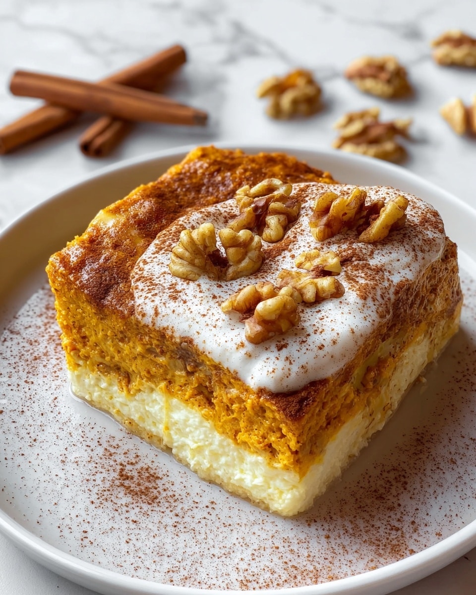A thick slice of dessert sits on a white plate, showing two main layers; the bottom layer is a pale creamy white, smooth and even, while the top layer is a textured, dense orange with a slightly browned surface along the edges. On top, a dollop of white cream covers the center, sprinkled with fine brown powder, with whole walnut pieces scattered over the cream. The plate rests on a white marbled surface with two cinnamon sticks and some loose walnuts in the background. photo taken with an iphone --ar 4:5 --v 7