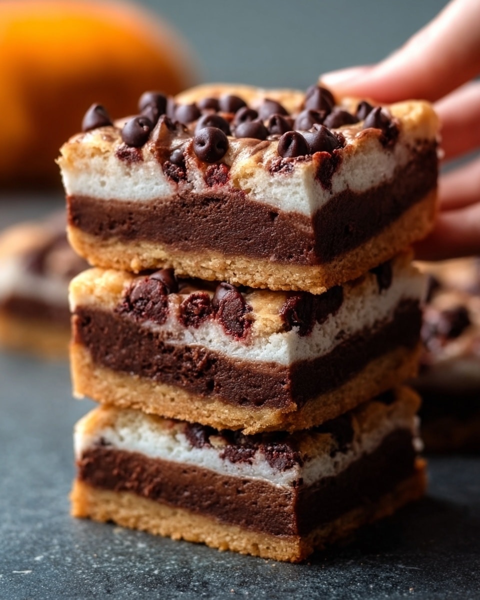 The image shows a stack of three thick chocolate dessert bars on a dark surface. The bottom layer is a creamy light brown with a slightly crumbly texture, the middle layer is a dense, rich dark brown chocolate cake, and the top layer is a light brown with a smooth texture, covered with evenly scattered shiny dark chocolate chips. The bars have sharp, clean edges and the background is a white marbled texture with a blurred autumn decoration in the back. Photo taken with an iphone --ar 4:5 --v 7