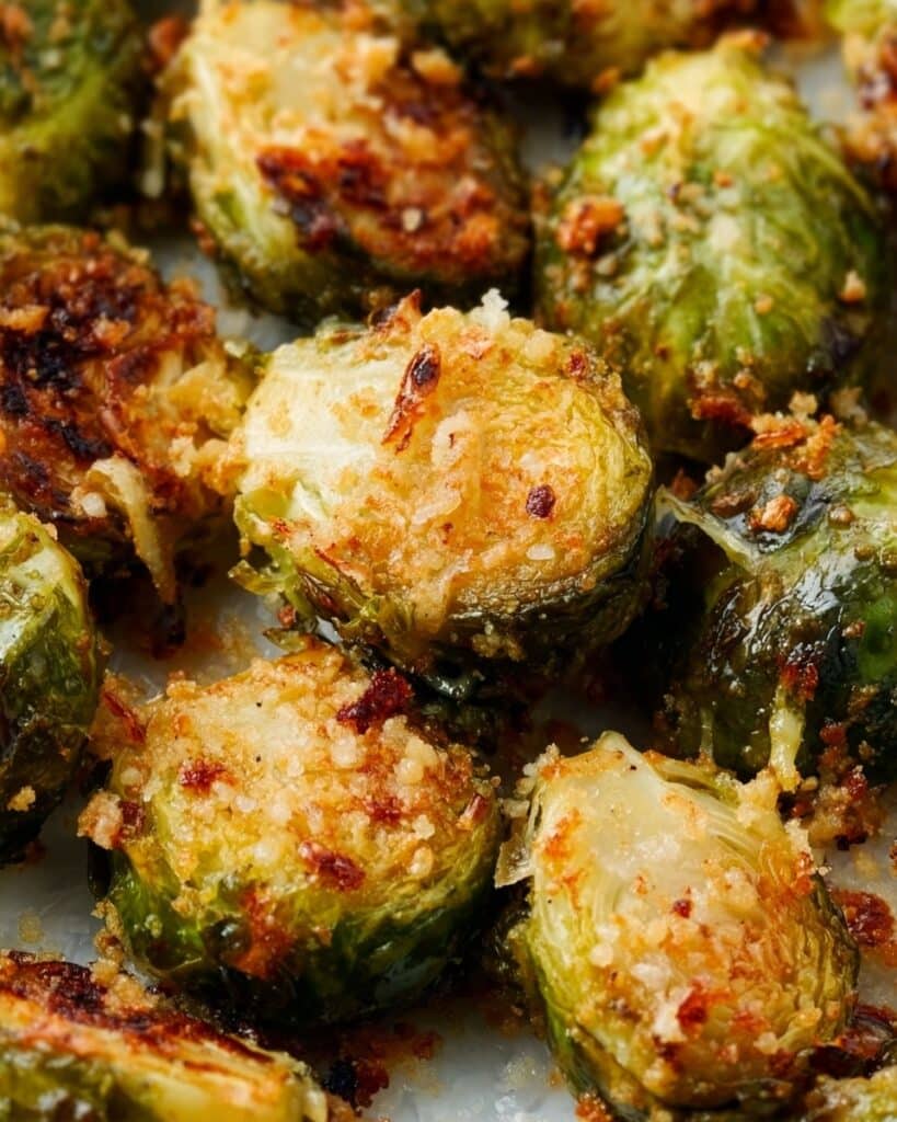 Garlic Parmesan Roasted Brussels Sprouts with Dijon Chive Cream Sauce Recipe