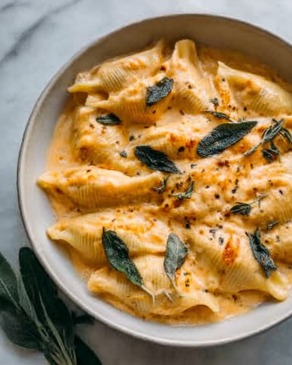 The image shows a white bowl filled with large pasta shells covered with a creamy orange cheese sauce. The pasta is arranged in one layer, with the cheese sauce thickly coating each shell. On top, there are scattered sage leaves bright green in color, adding contrast to the warm tones of the pasta and sauce. The sauce has a smooth texture with some melted cheese bubbling slightly. The setting is on a white marbled surface. Photo taken with an iphone --ar 4:5 --v 7