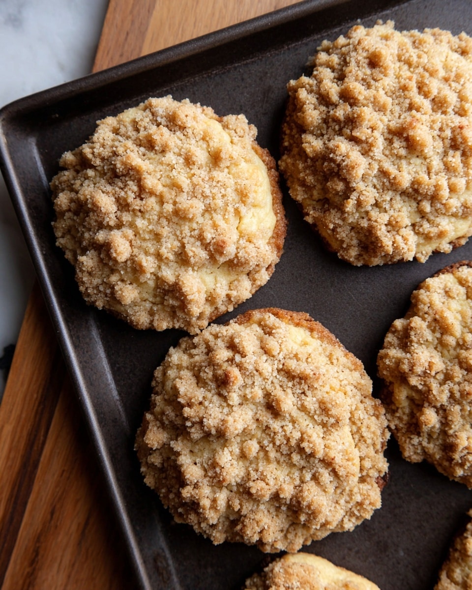 The image shows close-up of five round crumb-topped cookies on a dark baking tray, each cookie having one thick layer with a golden beige base and a rough, crumbly light brown topping that looks slightly crunchy. The cookies are spaced out in the tray which is placed on a white marbled surface with a wooden edge visible on the side. The crumb topping covers the cookies unevenly, giving them a homemade look with soft and coarse textures mixed. photo taken with an iphone --ar 4:5 --v 7