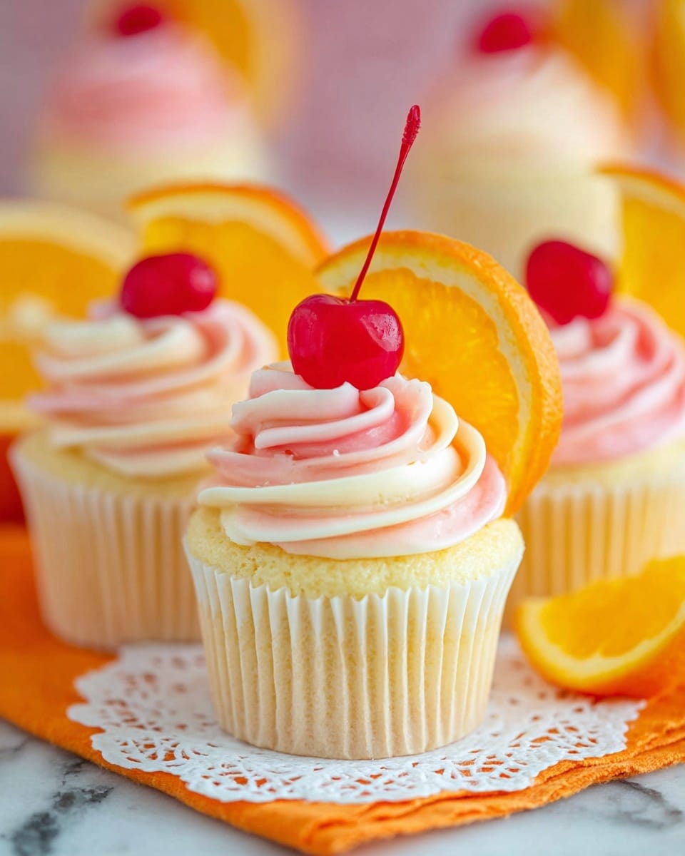 A close-up view of several cupcakes each with three layers: a pale yellow cupcake base wrapped in a ridged white paper liner, a swirl of two-tone frosting in soft pink and creamy white creating a soft, fluffy texture on top, and garnished with a bright red cherry with a long stem and a fresh orange slice placed behind the cherry, adding vibrant red and orange colors. The cupcakes sit on a white lace doily and an orange napkin on a white marbled surface, with a blurred background showing more cupcakes. photo taken with an iphone --ar 4:5 --v 7