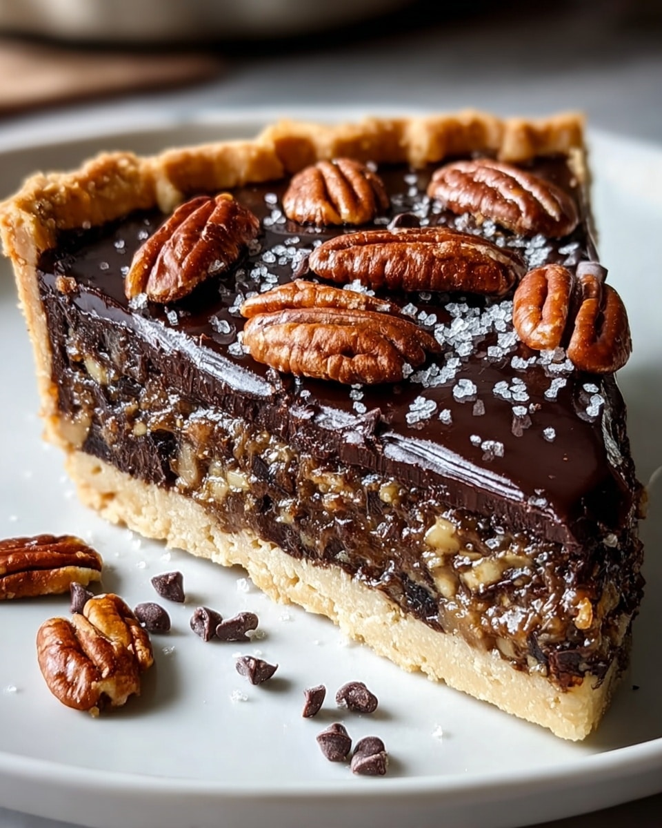 A slice of pie is shown on a white plate with some small chocolate chips and crumbs around it. The pie has three layers: the bottom layer is a light beige crust, the middle layer is thick and dark brown with bits of nuts inside, and the top layer is a shiny, smooth dark chocolate glaze. On top of the glaze, there are whole pecan nuts and a sprinkle of coarse white salt. The pie slice has sharp edges, and the white marbled texture is the surface underneath the plate. photo taken with an iphone --ar 4:5 --v 7