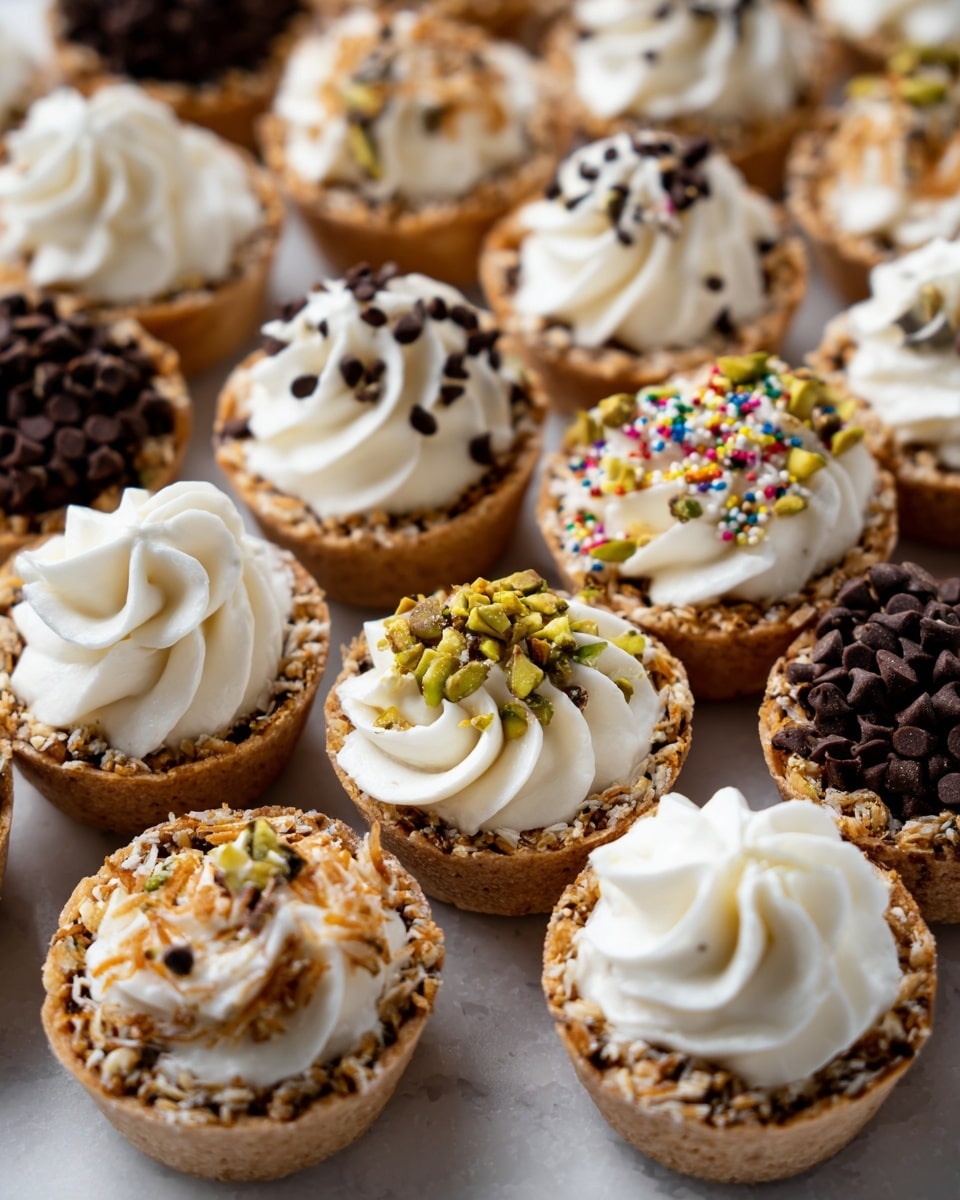A close-up of many small tartlets arranged closely on a white marbled surface, each with three visible layers: a light brown tart shell forming the base, a layer of smooth white whipped cream piped on top in a swirl pattern, and various toppings decorating the rims or the whipped cream. Some tart shells have finely chopped green pistachios or golden toasted coconut flakes around the edges, while others have colorful small round sprinkles. Several tartlets are topped with scattered small dark chocolate chips. The texture of the tart shells is crumbly, the whipped cream looks soft and fluffy, and the toppings add a crunchy contrast. Photo taken with an iphone --ar 4:5 --v 7