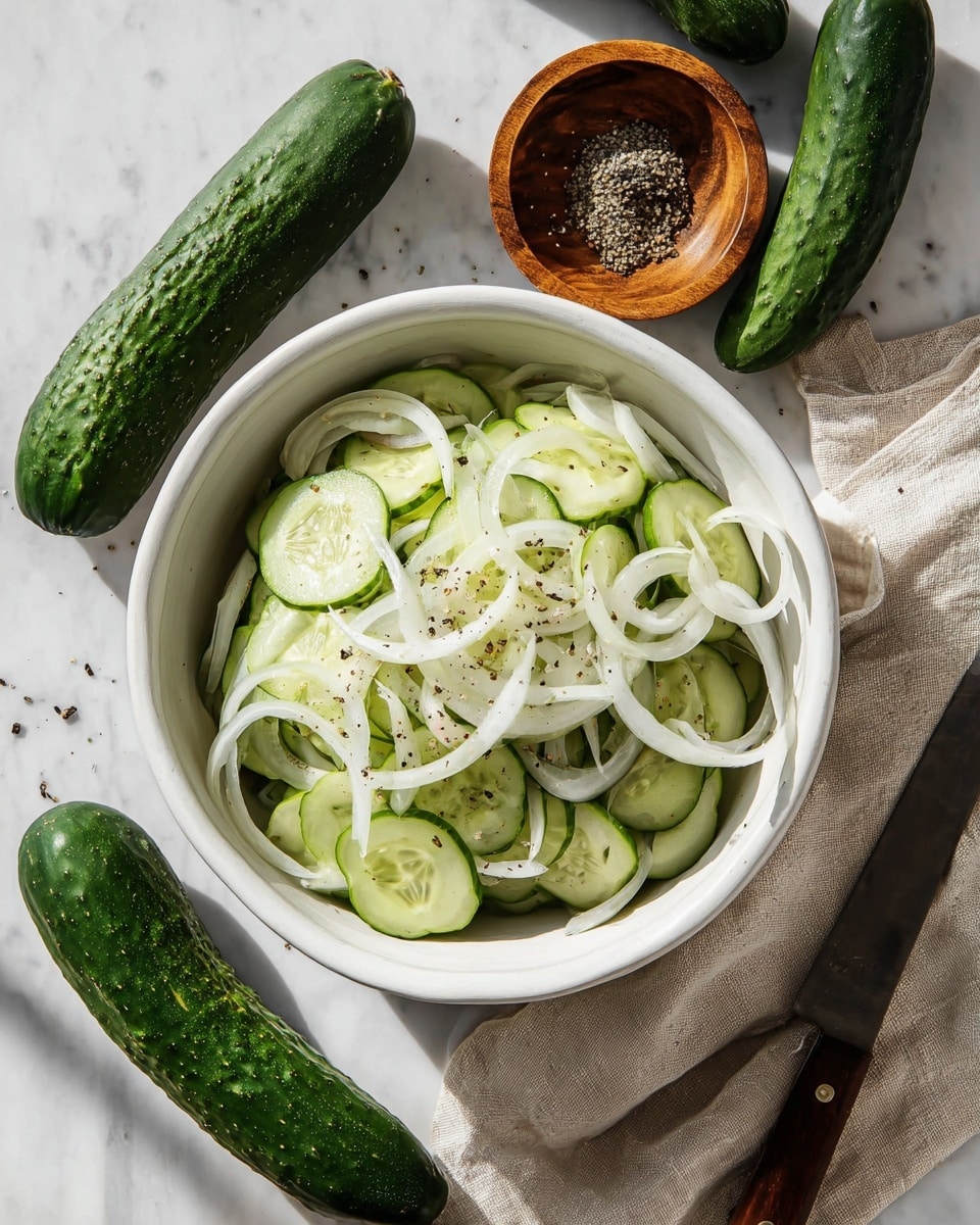 A white bowl filled with a simple cucumber salad showing two layers: the bottom layer is thin, round green cucumber slices with darker green edges and light green centers, topped by a layer of thin white onion strips mixed evenly with the cucumber. Black pepper flakes are scattered on top, adding small dark specks. Around the bowl are three whole dark green cucumbers with bumpy skin, a small wooden bowl filled with crushed black pepper, a beige cloth, and a knife, all placed on a white marbled surface. The lighting creates soft shadows and highlights. Photo taken with an iphone --ar 4:5 --v 7