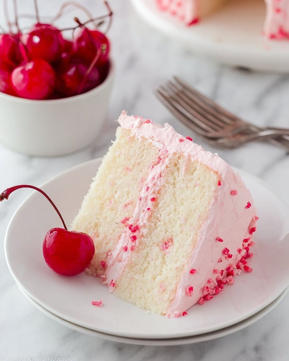 A slice of two-layer white cake with light pink frosting between and around the layers, sprinkled with small red bits, sits centered on a white plate. The cake layers appear soft and fluffy with a smooth, slightly glossy frosting that has visible red specks. Beside the cake on the plate is a single red cherry with its stem attached. In the background, a white bowl filled with bright red cherries with stems is partially visible, along with a silver fork resting on a white marbled surface. photo taken with an iphone --ar 4:5 --v 7