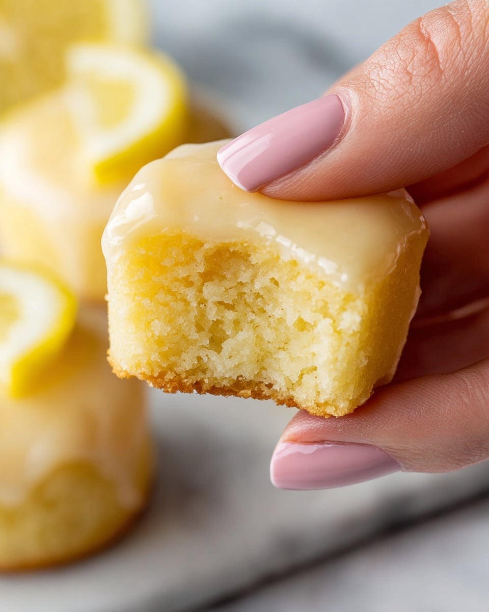 A close-up image showing a small, round lemon bite held between a woman's thumb and forefinger with light pink polished nails. The lemon bite has two layers: the bottom layer is soft, crumbly, yellow cake with a moist texture, and the top layer is a smooth, shiny pale yellow icing that covers the entire top surface. In the background, two more lemon bites with the same icing and a small lemon wedge on top sit on a white marbled surface, slightly out of focus. Photo taken with an iphone --ar 4:5 --v 7