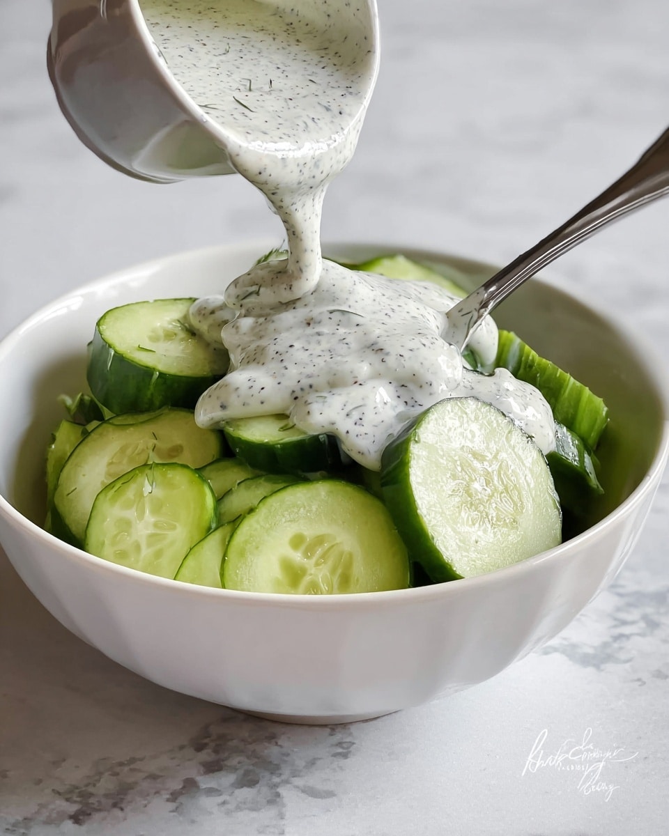 A white bowl filled with two layers: the bottom layer is round, thick slices of light green cucumber with visible seeds and fresh texture, stacked unevenly. The top layer is creamy white sauce with black specks, resembling dill mixed in, being poured from another white bowl, covering some cucumber slices and slightly spilling around the edges. A shiny silver spoon with sauce on it rests inside the bowl, partially immersed in the sauce and cucumber stack. The bowl is placed on a white marbled surface. photo taken with an iphone --ar 4:5 --v 7