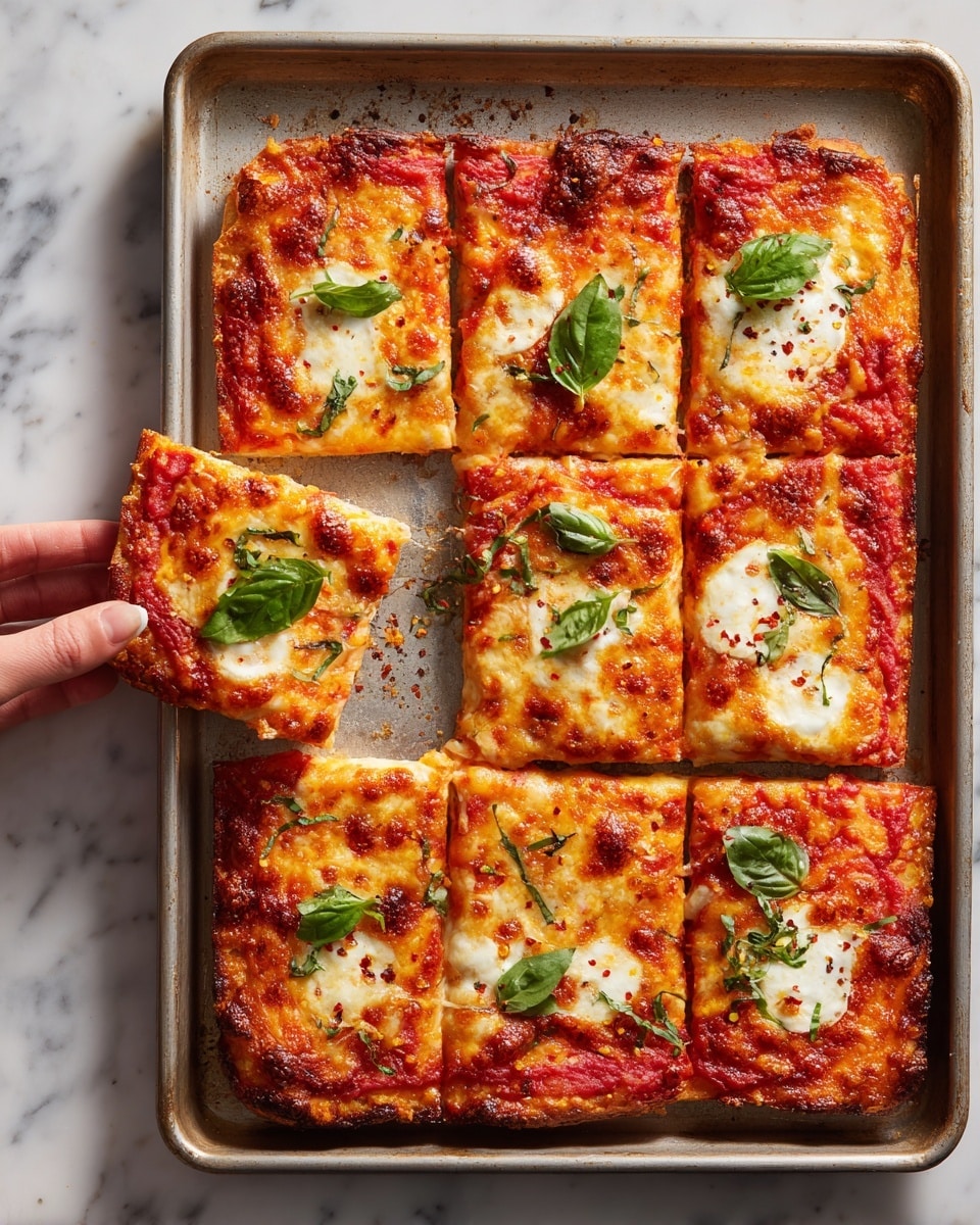 A rectangular pizza with a golden-brown crust sits on a slightly worn metal baking tray placed on a white marbled surface. The pizza has a base layer of bright red tomato sauce topped with melted creamy white mozzarella cheese that is bubbly and browned in spots. Fresh dark green basil leaves are scattered evenly on top, adding a pop of color. One slice is lifted from the tray by a metal spatula, showing the stretchy, gooey cheese strands connecting it to the rest of the pizza. The crust edges are thick and crispy, and the cheese and sauce cover the pizza in an uneven but appetizing way. Photo taken with an iphone --ar 4:5 --v 7