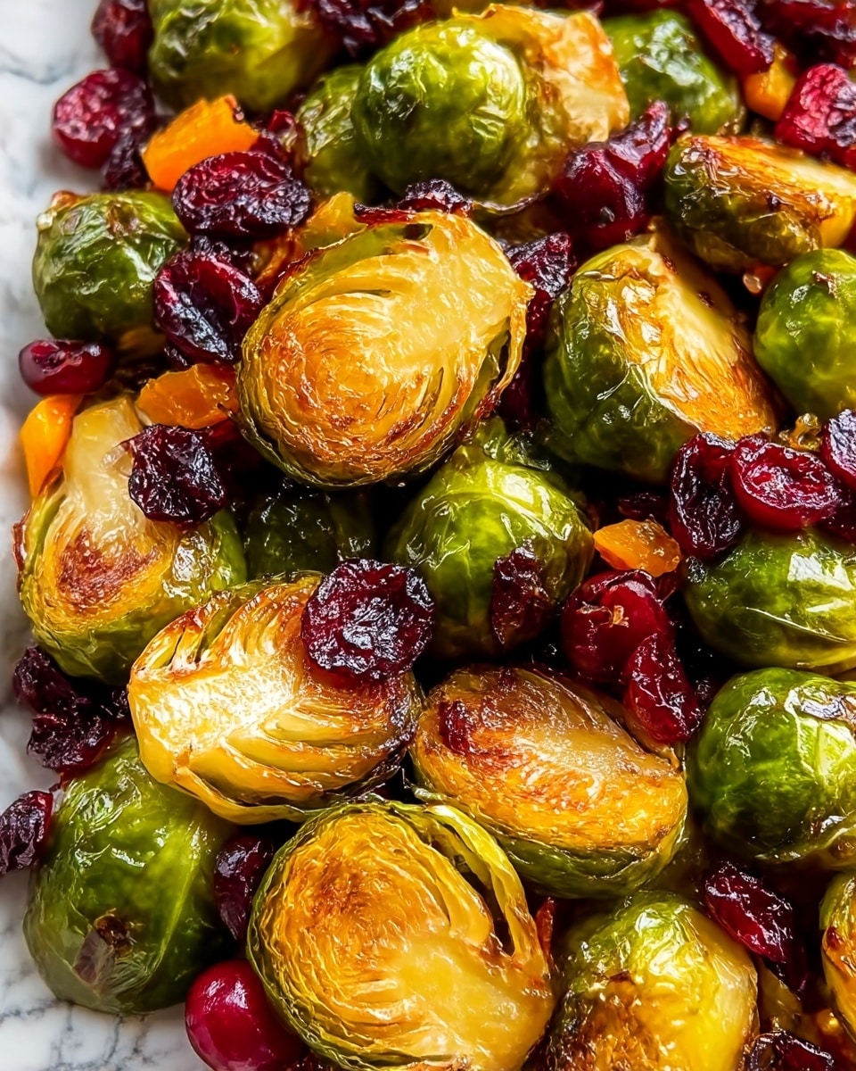 A close-up view of a dish featuring roasted brussels sprouts with a mix of colors and textures: the brussels sprouts are halved, showing a golden-brown, crisped surface with a light caramelization on the edges, while the whole brussels sprouts are shiny and green with a smooth texture; scattered throughout are dried cranberries, deep red and wrinkled, and small pieces of orange vegetables adding contrast; the dish is presented on a white marbled texture that softly reflects light, emphasizing the vibrant colors and crispy texture of the roasted ingredients. photo taken with an iphone --ar 4:5 --v 7