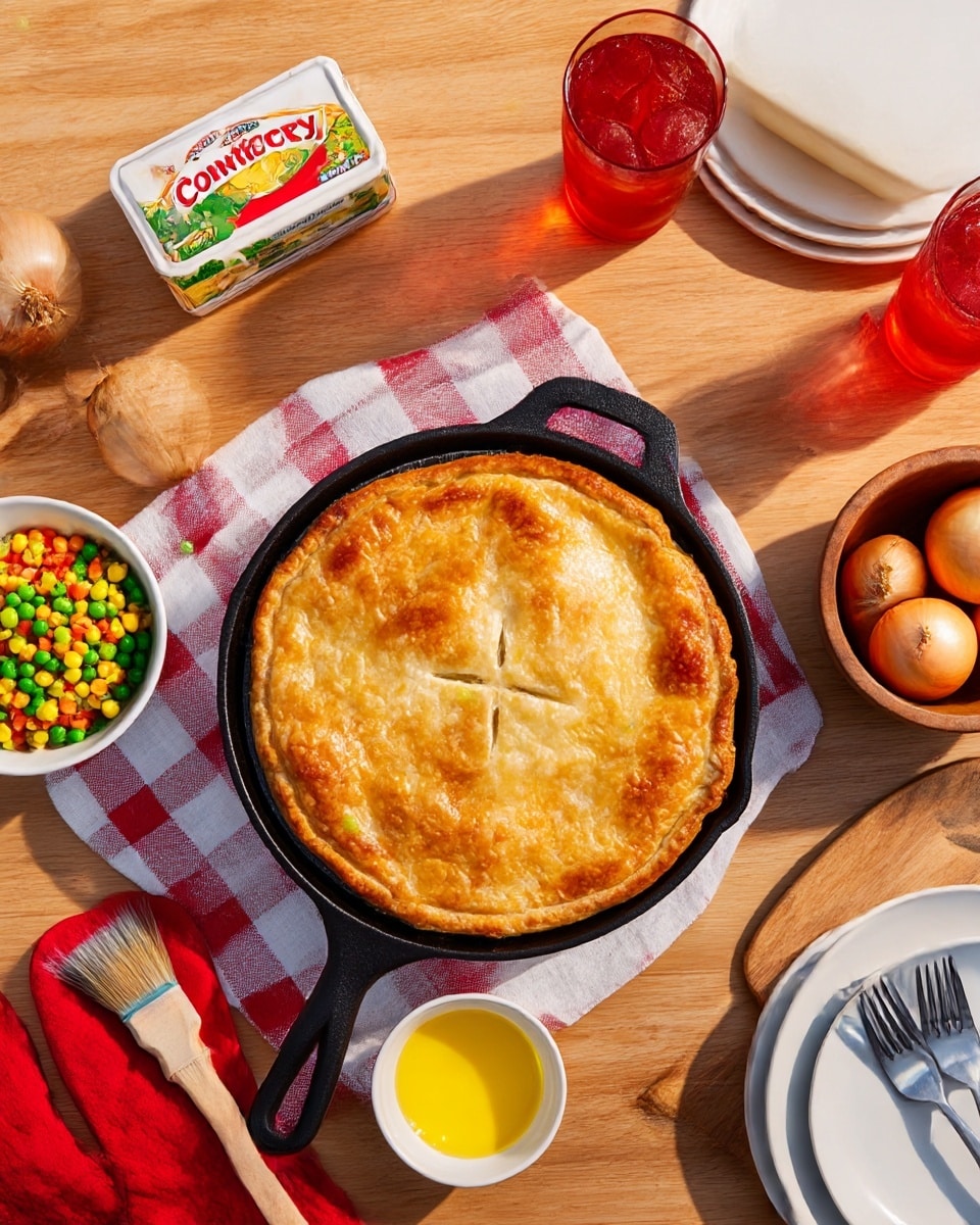 A golden brown pie with a slightly crisp top crust, showing a small cross cut in the center, is placed inside a black cast iron skillet at the middle of the image. The skillet rests on a white and red checkered cloth against a wooden table surface. Around the skillet, there is a small white bowl of mixed colorful vegetables (corn, peas, diced carrots), a wooden bowl filled with four whole yellow onions, a small brown bowl with melted yellow butter and a brush resting in it, two clear red-tinted glasses filled with iced drink, a rectangular container of Country Crock butter, a wooden spoon on a wooden board, and a stack of three white plates with two silver forks on top. A pair of red oven mitts are also seen near the bottom of the image. Photo taken with an iphone --ar 4:5 --v 7