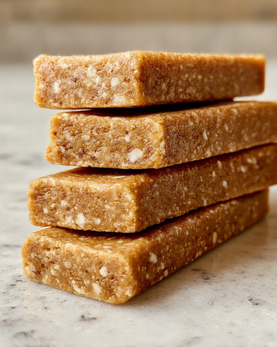 The image shows a close-up of six brown energy bars stacked in two layers on a white marbled surface. Each bar is rectangular and dense with a smooth texture, dotted with small sesame seeds and light-colored bits inside. The bars have a warm, golden-brown color with some darker spices visible, giving them a slightly speckled look. The bottom three bars lie flat next to each other, with the top three bars stacked evenly on them, creating two neat rows lined up closely. The image focuses on the bars, with a shallow depth of field blurring the background. photo taken with an iphone --ar 4:5 --v 7