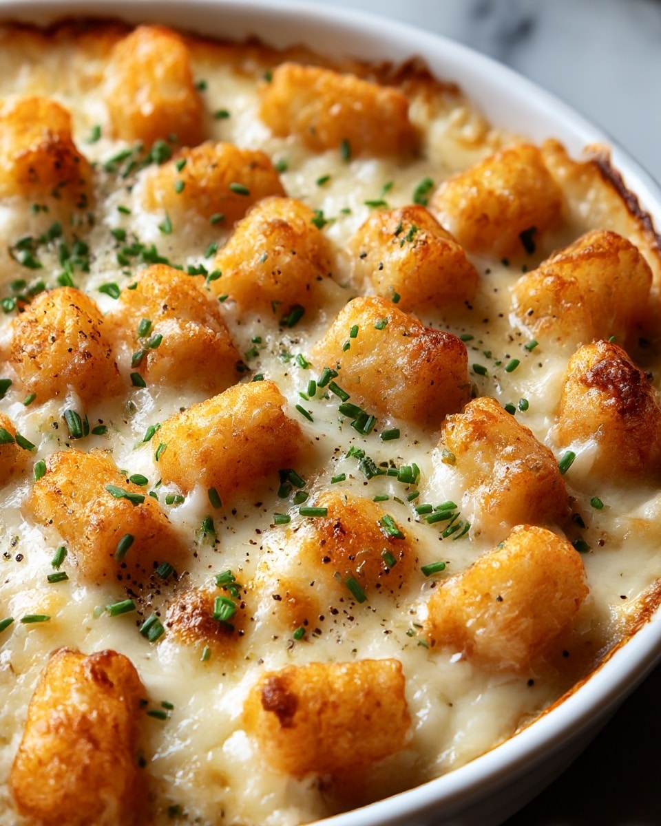 A close-up view of a white round dish filled with a cheesy baked dish featuring crispy golden-brown tater tot pieces on top, arranged over a creamy, smooth white cheese sauce layer, sprinkled evenly with chopped green chives and ground black pepper, creating a contrast of colors and textures. The dish sits on a white marbled surface, showing some browned spots on the tater tots and cheese, suggesting it is freshly baked. The lighting highlights the glossy melted cheese and crispy texture on the tater tots. photo taken with an iphone --ar 4:5 --v 7