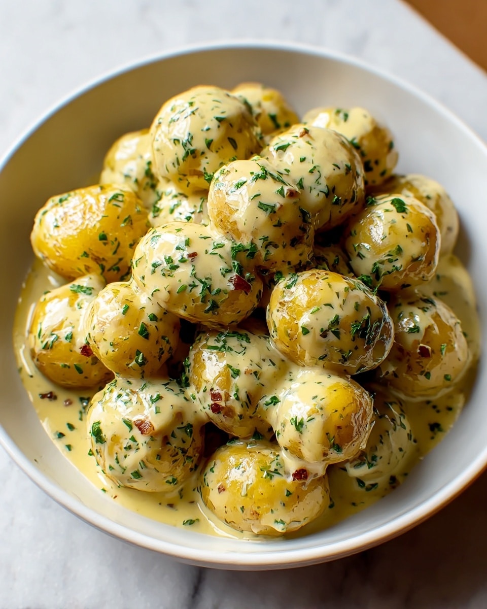 A white bowl filled with about fifteen small yellow potatoes, all covered evenly with a creamy pale yellow sauce that has visible specks of finely chopped green herbs and small brown bits scattered throughout. The potatoes are piled roughly in three layers, with the sauce thickly coating their slightly wrinkled skins and pooling slightly at the bottom. The textures include the smooth sauce contrasting the slightly rough potato surfaces, giving a rich, fresh look. The bowl rests on a white marbled surface, creating a clean and bright setting. Photo taken with an iphone --ar 4:5 --v 7