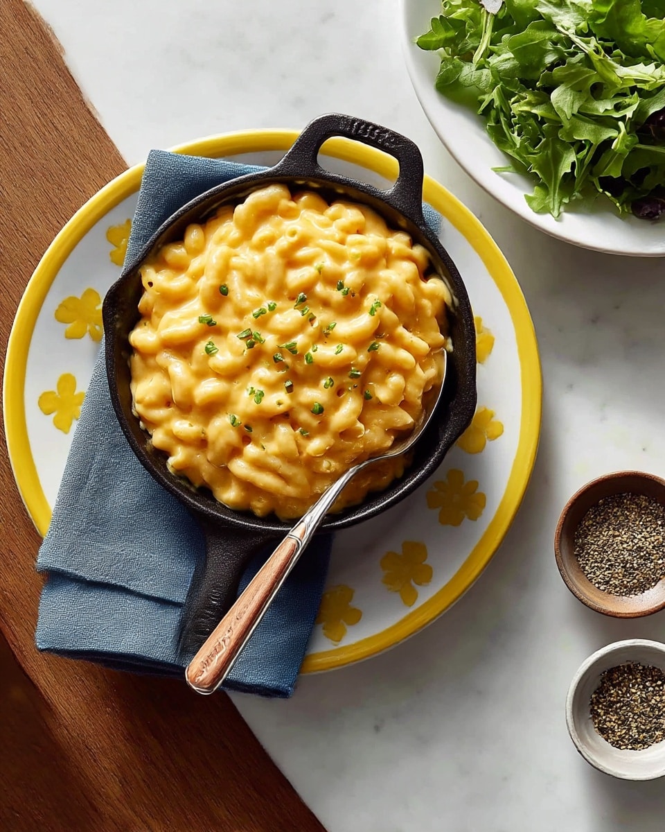 The image shows creamy macaroni and cheese served in a small black cast iron pan with two handles, placed on a folded blue cloth napkin. The pan rests on a white plate with yellow flower patterns and a yellow rim, which sits on a white marbled surface. The macaroni is coated in smooth, orange-yellow cheese sauce and topped with small green herb bits. To the upper right, there is a white plate filled with fresh green salad leaves, and near the bottom right corner, there is a small bowl filled with ground black pepper. A spoon with a wooden handle is inside the pan, ready to scoop. Photo taken with an iphone --ar 4:5 --v 7