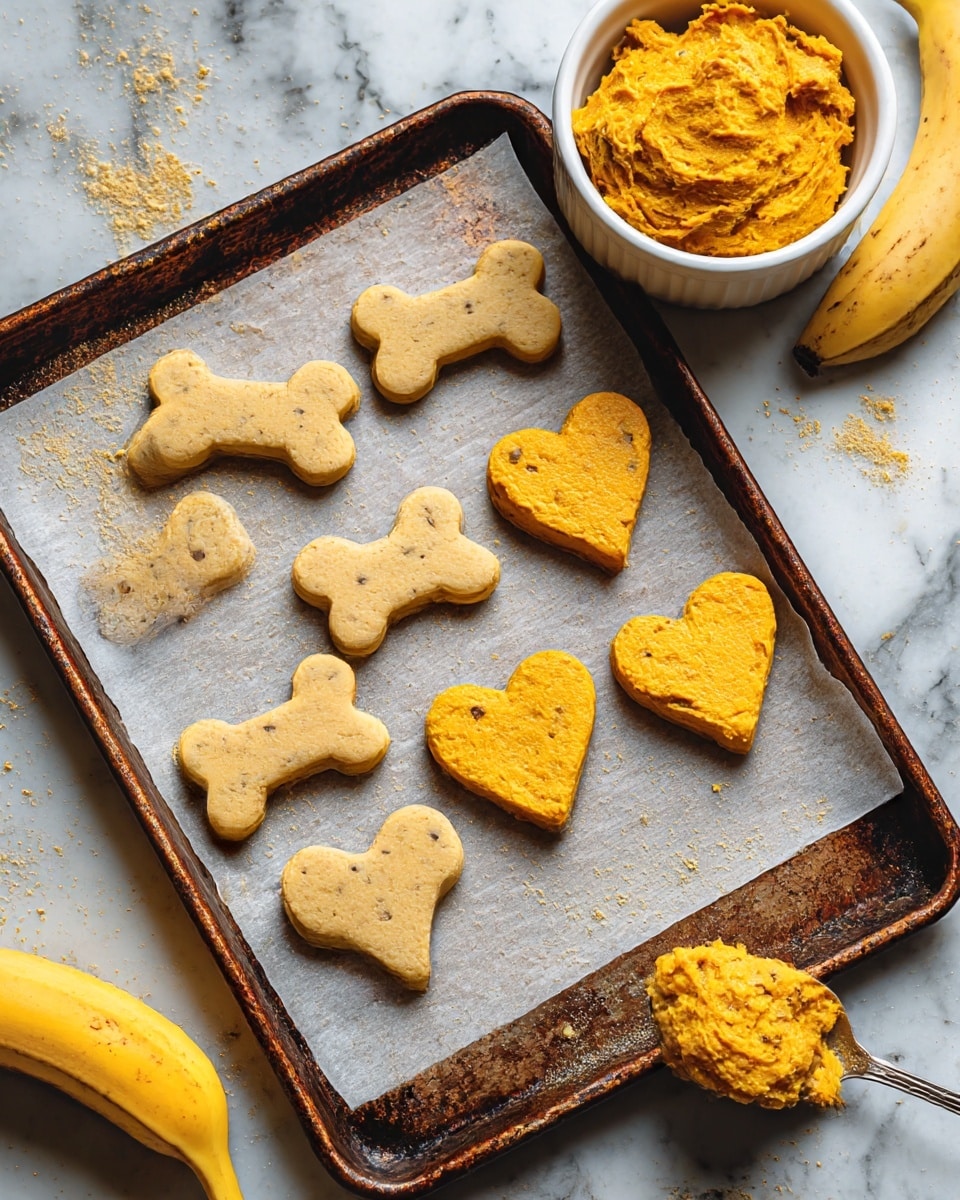 The image shows a baking tray lined with parchment paper holding two shapes of dough ready to bake: bone-shaped and heart-shaped. The bone-shaped dough pieces are light beige with small darker specks, while the heart-shaped dough pieces are thicker, bright orange, and slightly rough in texture with some small bits visible inside. Next to the tray on the right, there is a white bowl filled with more bright orange dough and some loose crumbs scattered around it. A spoon with some orange dough on it rests on the bottom right corner of the tray. At the bottom left corner, a yellow banana lies on a white marbled surface. The overall scene captures a rustic preparation moment for treats, with the tray placed on a white marbled background. photo taken with an iphone --ar 4:5 --v 7
