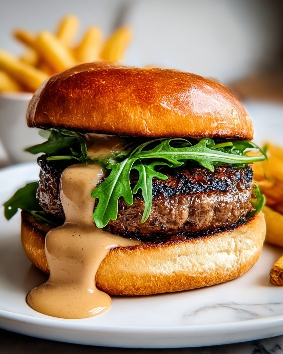 A juicy grilled beef patty with char marks sits on a soft, slightly toasted white hamburger bun, which has a shiny, golden-brown top. Below the patty is a fresh layer of bright green arugula leaves. A creamy light brown sauce is generously poured, dripping slowly down the side of the patty and bun. The bottom bun is fluffy and well-toasted with a light brown edge. In the background, golden French fries are slightly blurred, all set on a white plate resting on a white marbled surface. photo taken with an iphone --ar 4:5 --v 7