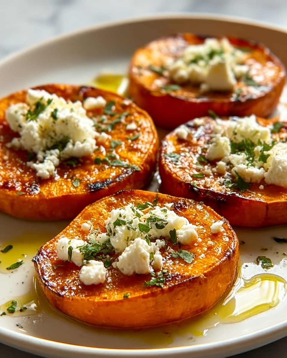 The image shows four slices of roasted orange sweet potato arranged close to each other on a white plate. Each slice is topped with soft, white crumbled cheese scattered unevenly, drizzled with golden olive oil that pools slightly around the slices, and sprinkled with small green herb leaves and black pepper bits. The sweet potato slices have a slightly charred, caramelized surface with a warm orange color and crispy edges. The plate rests on a white marbled surface, giving a clean and bright background. The light highlights the glossy texture of the oil and the fresh, crumbly texture of the cheese. photo taken with an iphone --ar 4:5 --v 7