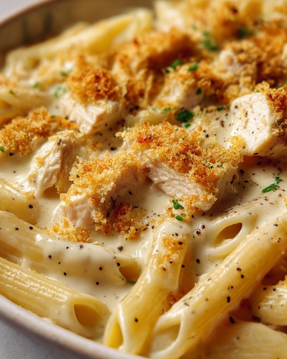 The image shows a close-up view of a creamy pasta dish, featuring smooth pale yellow penne pasta covered in a rich white sauce. On top, there are chunks of tender white chicken pieces, each sprinkled with a layer of golden-brown crispy breadcrumbs that add texture. Tiny black pepper specks are scattered across the sauce and chicken, with small bits of fresh green herbs adding a touch of color. The dish is set against a white marbled background, highlighting the warm tones and creamy texture of the pasta. Photo taken with an iphone --ar 4:5 --v 7