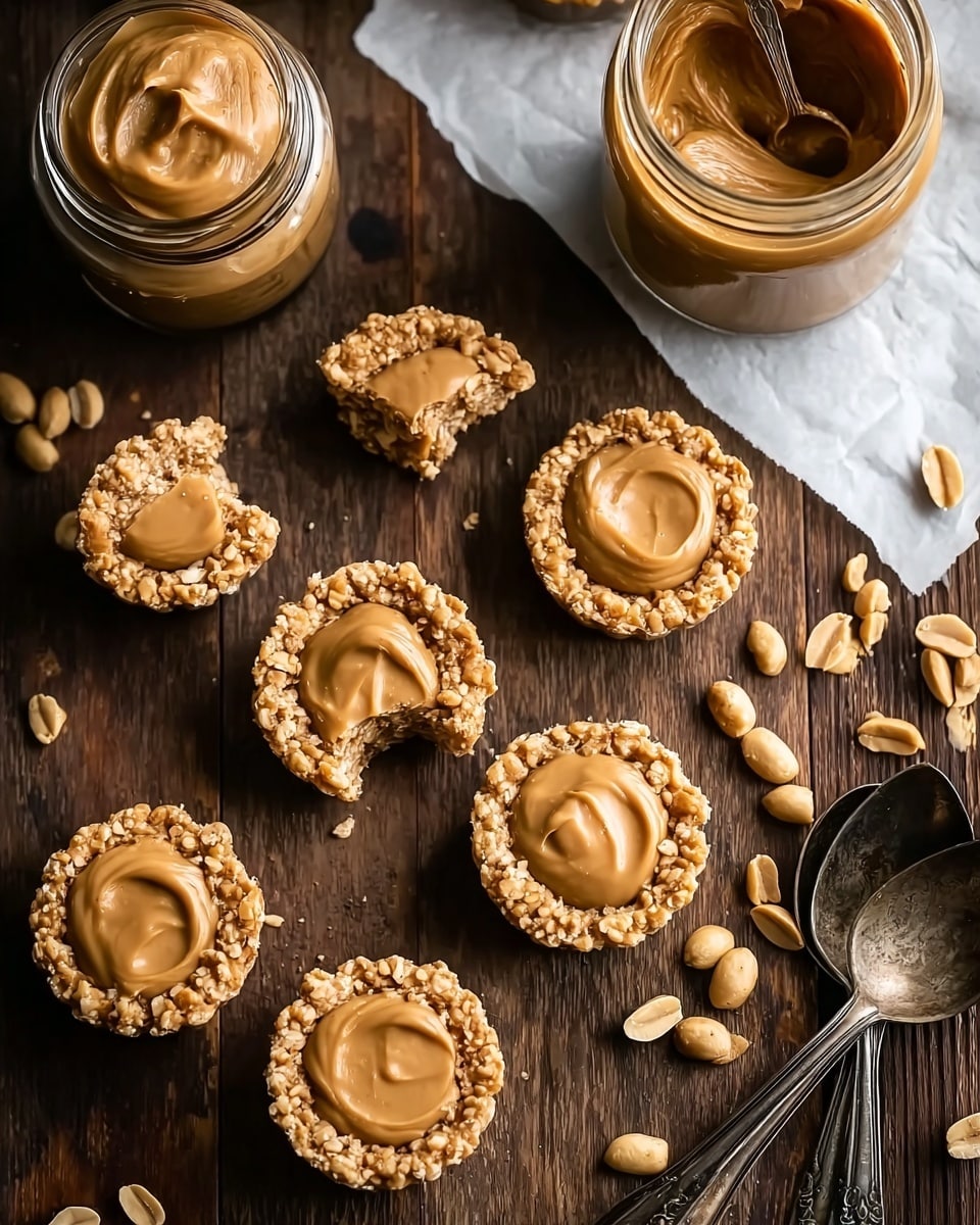 The image shows a group of small round treats made of a light golden base with a rough texture, resembling puffed rice or cereal, arranged in a circle with a filling of smooth, creamy light brown peanut butter spread on top, each tart having one thick layer of peanut butter. Some tarts are whole, while one is bitten and another is split in half, showing the crunchy texture inside. Two open jars of creamy peanut butter, one tipped on its side with a scoop taken out, sit on the dark wooden surface. Scattered around are raw peanut pieces, and two old-fashioned metal spoons lie on the right side of the scene. The background is a white marbled texture. Photo taken with an iphone --ar 4:5 --v 7