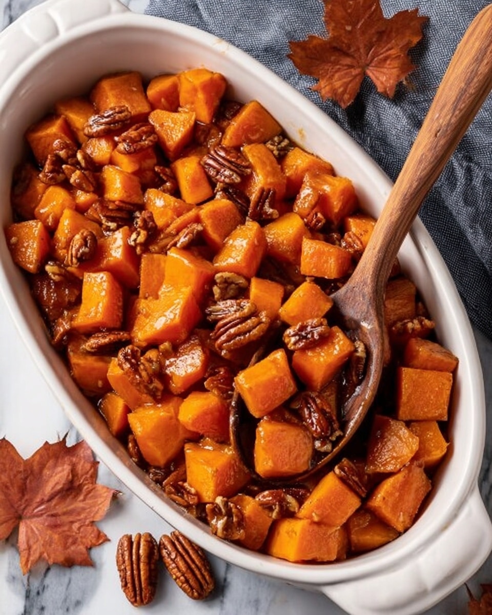 A white oval dish filled with a mix of cubed orange sweet potatoes and whole pecans, all coated in a shiny glaze that gives a slightly sticky look, with a wooden spoon partially scooping the mixture from the middle right side; the sweet potato cubes are roughly the same size, smooth with a soft texture, and the pecans are scattered evenly among them. The dish sits on a white marbled surface with a gray cloth and brown autumn leaves placed around it for decoration. Photo taken with an iphone --ar 4:5 --v 7