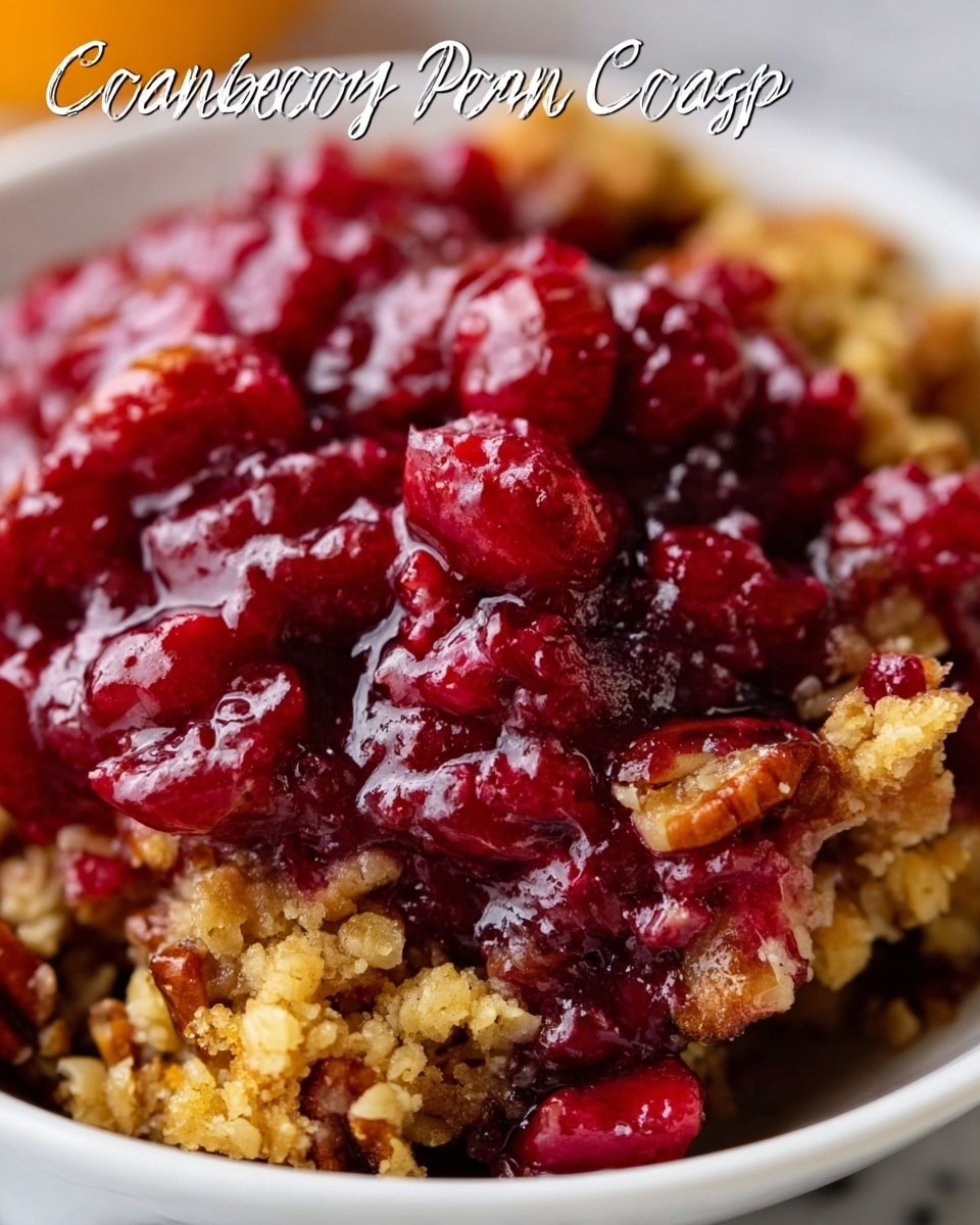 The image shows a close-up of a cranberry orange pecan crisp served in a white bowl on a white marbled surface. The dish has two main layers: the bottom layer is a golden brown, crumbly crisp with small pieces of pecans visible, giving it a crunchy texture. The top layer is a thick, glossy mixture of bright red cranberries, some whole and others broken down, mixed with slightly darker pieces that look soft and juicy. The cranberry layer has a vibrant, sticky appearance with a few bits of the crisp topping scattered on top. The photo is detailed and focused on the textures of the fruit and crisp. Photo taken with an iphone --ar 4:5 --v 7