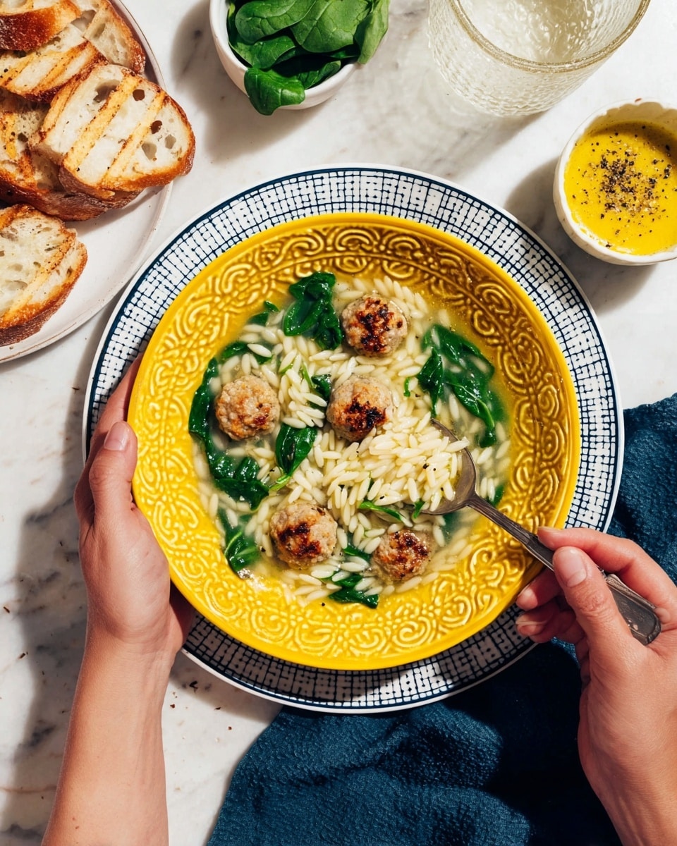 A yellow bowl with ornate circular patterns holds a soup with three main layers: small toasted brown meatballs scattered evenly, bright green fresh spinach leaves intermixed, and a base of white orzo pasta submerged in clear broth. The bowl sits on a white plate with a blue grid design, placed on a white marbled surface. A woman's hand holds the bowl on the left side, while the right hand uses a spoon to scoop the pasta and spinach from the soup. Around the bowl, there are crisp slices of toasted white bread, a small white dish with spinach leaves, a small white bowl with yellow soup topped with black pepper, and a clear textured glass. A dark blue cloth napkin lies underneath the bowl on the right side. photo taken with an iphone --ar 4:5 --v 7