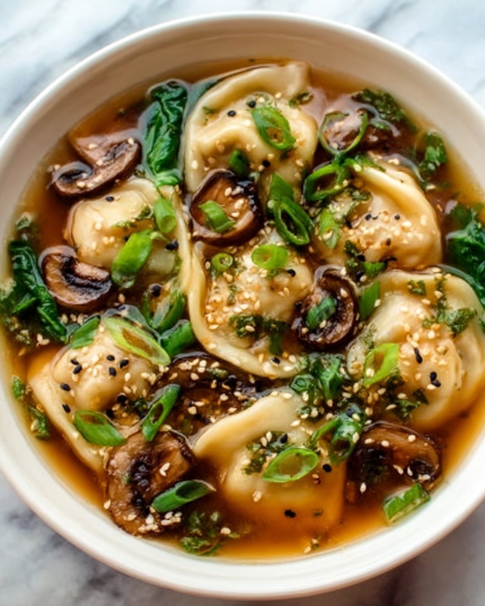 The image shows a white bowl filled with several light beige dumplings floating in a clear brown broth. Dark brown mushrooms and bright green leafy vegetables are placed among the dumplings, adding color contrast. Small light beige sesame seeds are sprinkled on top, along with finely chopped green onions. The broth looks warm and slightly shiny, and the bowl sits on a white marbled surface. Photo taken with an iphone --ar 4:5 --v 7