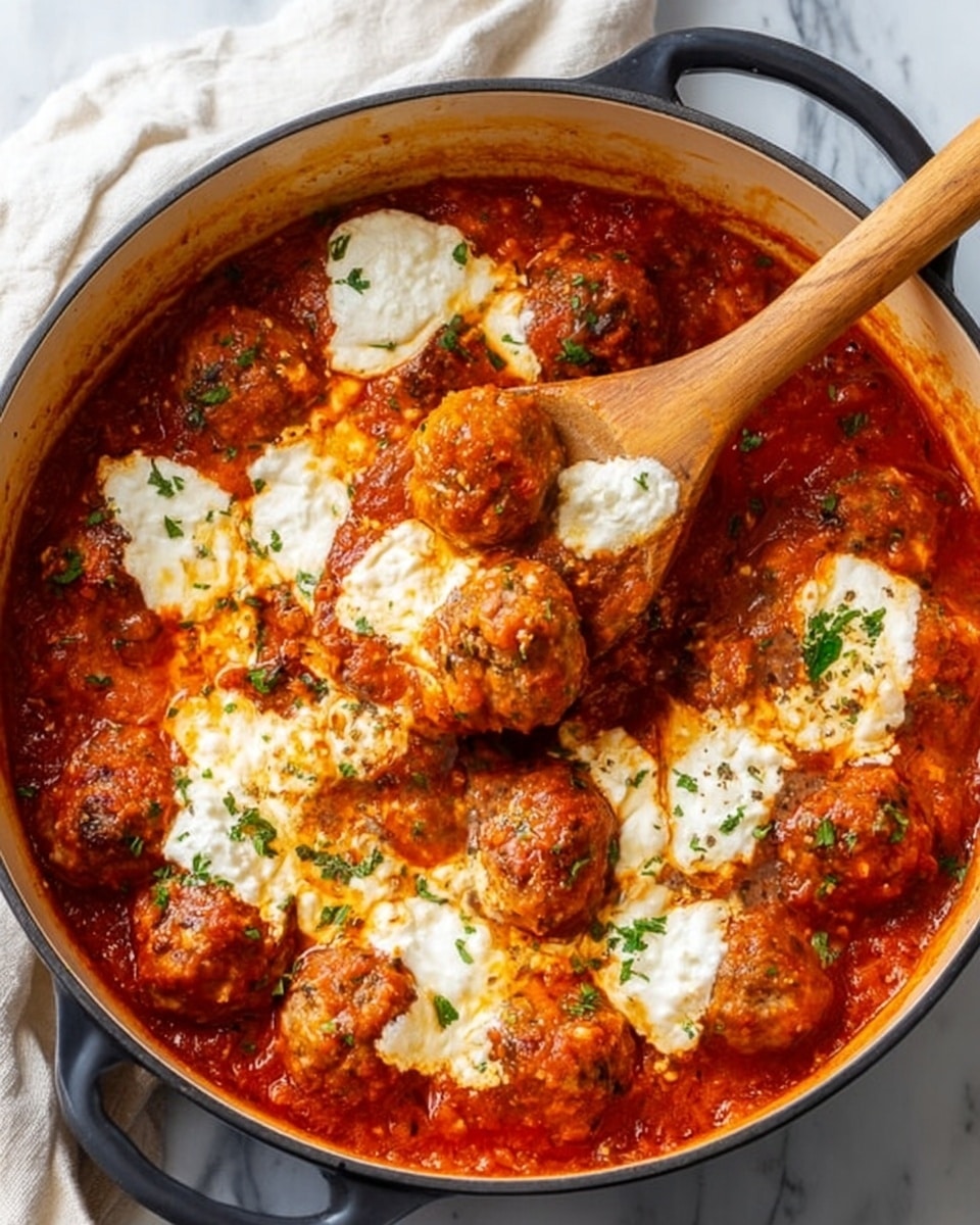 The image shows a round white pan filled with meatballs covered in thick red tomato sauce. There are multiple meatballs, browned and covered in patches of melted white cheese, some with slightly golden edges. The sauce is chunky with visible herbs and small bits of vegetables. A wooden spoon is scooping some meatballs from the pan, with a woman's hand holding the spoon. The pan sits on a white marbled surface with some green herb garnish scattered on top of the dish. Photo taken with an iphone --ar 4:5 --v 7