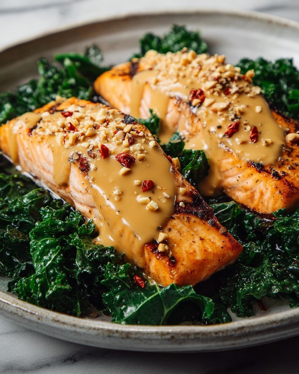 The image shows two pieces of cooked salmon with a shiny, light orange color and a slightly crispy texture, placed on a bed of dark green kale. Each salmon piece is covered with a smooth, thick brown sauce that has a creamy texture. On top of the sauce, there are small white chunks and red chili flakes scattered for garnish. The food is served on a white plate, and the background features a white marbled texture. photo taken with an iphone --ar 4:5 --v 7