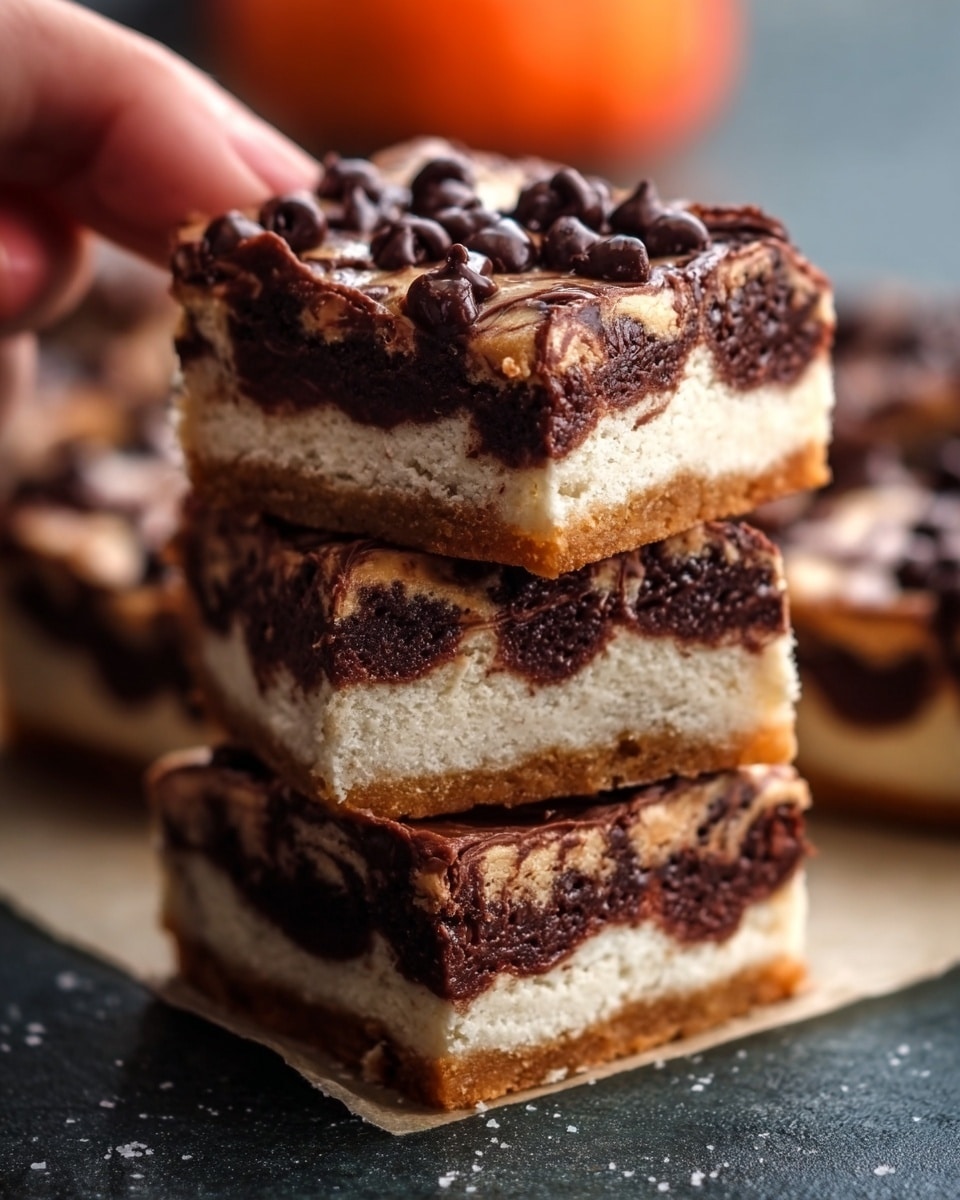 The image shows a stack of four thick dessert bars with three clear layers. The bottom layer is a white crust with a smooth texture, followed by a thick, dark brown chocolate layer in the middle that looks moist and dense. The top layer is light brown and looks soft with plenty of glossy dark chocolate chips spread evenly across it. The stack is placed on a dark surface with a blurry bright orange object in the background, and a woman's hand is about to pick the top bar. The photo is taken with an iphone --ar 4:5 --v 7