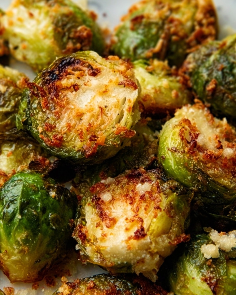 The image shows a close-up of roasted Brussels sprouts with a crispy, golden-brown outer layer. Each sprout is cut in half, with textures ranging from bright green to brown, showing slight charring and caramelization on the edges. The rough surface of the sprouts has small black pepper specks and a light sprinkle of coarse salt, emphasizing their roasted look. The background has a soft, out-of-focus white marbled texture that contrasts with the rich color of the sprouts. photo taken with an iphone --ar 4:5 --v 7