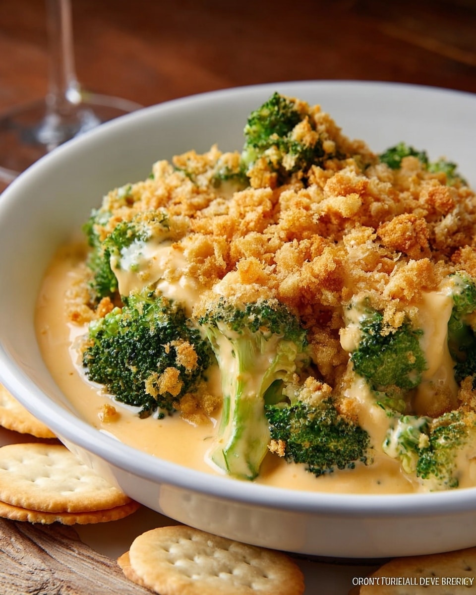 The dish shows a white shallow bowl filled with steamed bright green broccoli florets topped with a creamy, smooth, pale orange cheese sauce that covers most of the broccoli. On top of the cheese sauce is a thick layer of golden brown, crumbly topping, adding texture and crunch. The bowl sits on a wooden surface with round crackers placed around the edge of the bowl. The overall look is warm and inviting with a mix of soft sauce and crunchy topping. Photo taken with an iphone --ar 4:5 --v 7
