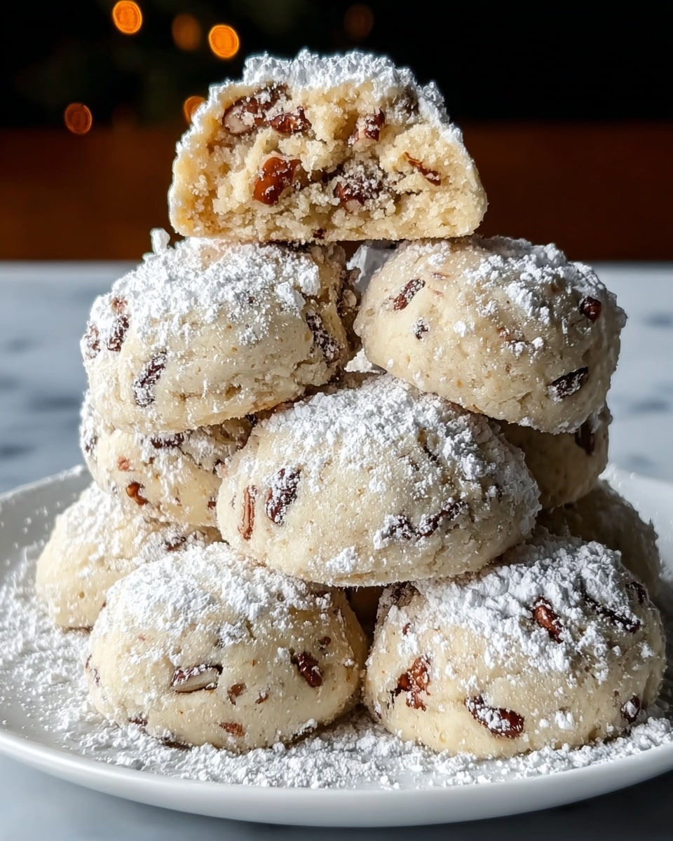 A stack of six round cookies, each covered with a light dusting of powdered sugar. The cookies have a pale beige color with small dark brown bits scattered throughout, giving a textured look. One cookie is broken in half and placed on top of the stack, showing a soft, crumbly inside with more brown bits mixed within. The cookies rest on a white plate, placed on a white marbled surface. photo taken with an iphone --ar 4:5 --v 7