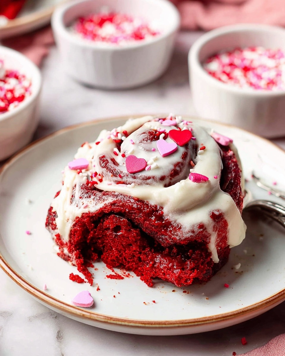 A close-up of a single red velvet cinnamon roll placed on a white plate with a thin gold rim, set against a white marbled surface. The cinnamon roll has rich, deep red layers spiraled tightly with a moist, soft texture. It is topped with creamy white icing that drizzles over the top, accompanied by small pink and red heart-shaped and round sprinkles scattered across the icing. In the background, slightly blurred, there are more plates and bowls with similar colored sprinkles, enhancing the festive and sweet feel of the scene. Photo taken with an iphone --ar 4:5 --v 7