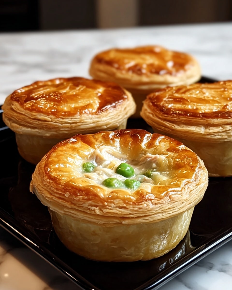 The image shows four small round pies with golden-brown, shiny puff pastry crusts on the top, each having a layered, flaky texture with slightly raised edges. One pie in the front has a small open center revealing creamy white filling with chunks of white meat and bright green peas visible inside. The pies sit on a glossy black square tray on a white marbled surface. The background is softly blurred, focusing attention on the pies. photo taken with an iphone --ar 4:5 --v 7