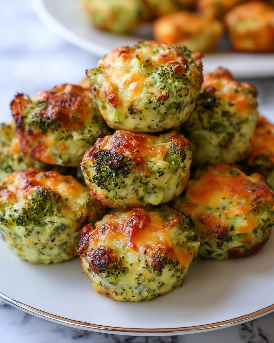 The image shows a close-up of several small, round broccoli cheese bites piled on a white plate with a shiny edge. Each bite has a green, textured broccoli base fully covered by a golden brown, melted cheese layer with some crispy, darker spots indicating a baked finish. The broccoli pieces are visible through the cheese in some spots, adding a speckled green and orange look. The white plate sits on a surface with a white marbled texture, and the background features another white plate with more broccoli cheese bites blurred out. Photo taken with an iphone --ar 4:5 --v 7