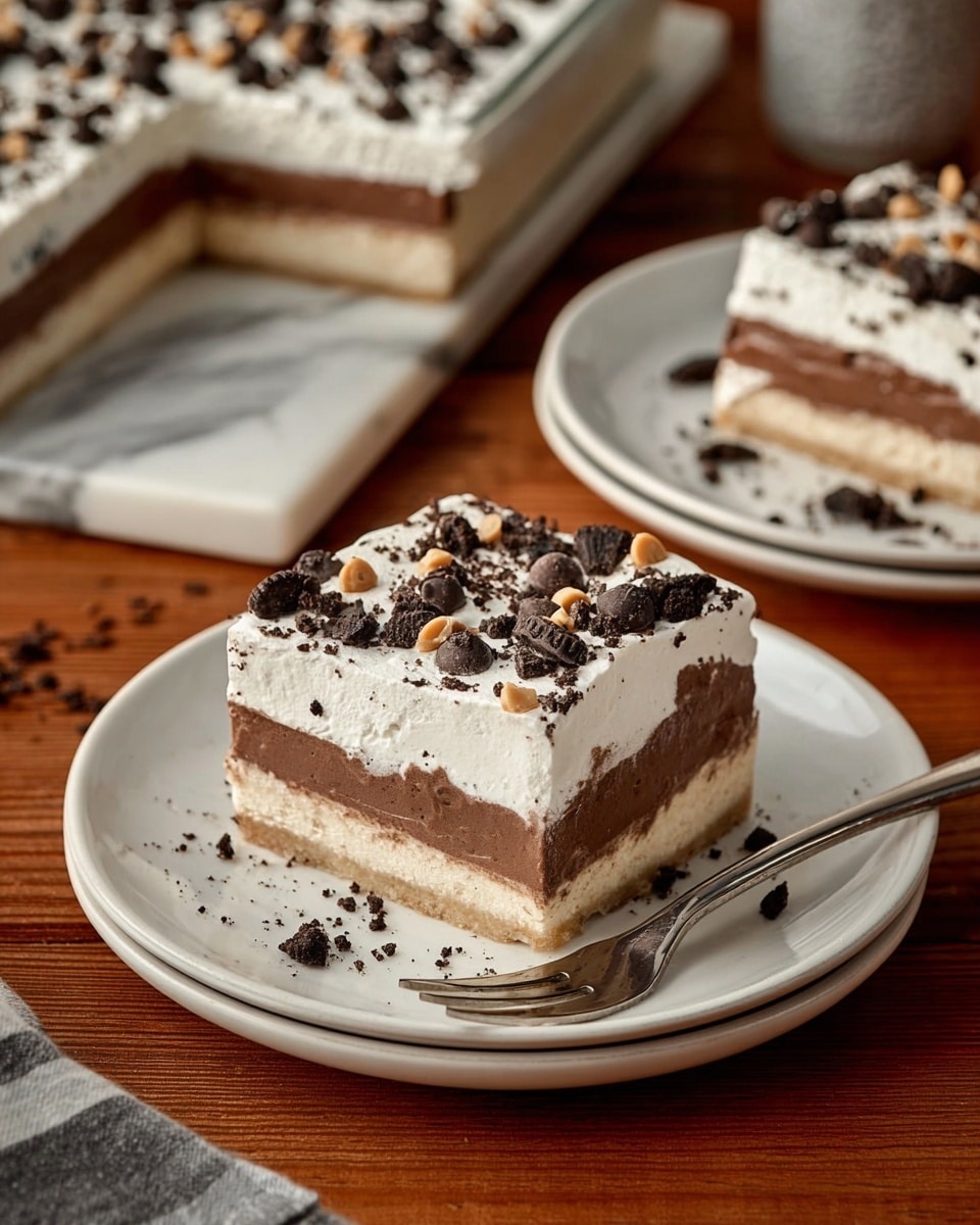 A square dessert with three clear layers sits on two stacked white plates, placed on a wooden table with a white marbled surface in the background. The bottom layer is light beige and firm, the middle layer is a thick, smooth, dark brown chocolate cream, and the top layer is white whipped cream sprinkled with small dark chocolate crumbs, large chocolate chips, and small pieces of nuts. Next to the dessert on the plates is a silver fork. In the blurred background, a larger piece of the same layered dessert is visible in a tray and another piece is on a white plate. Photo taken with an iphone --ar 4:5 --v 7