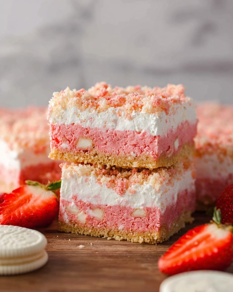 The image shows thick square bars made of three layers: the bottom layer is pink with white chunks and has a dense texture, the middle layer is fluffy and white like whipped cream, and the top layer is a crumbly mixture of pink and beige crumbs. The bars are stacked on a wooden surface with some white sandwich cookies and fresh red strawberries on the side. The background is softly blurred with a white marbled texture. photo taken with an iphone --ar 4:5 --v 7